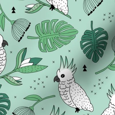 Sweet tropical jungle cockatoo birds illustration summer pattern mint green gender neutral