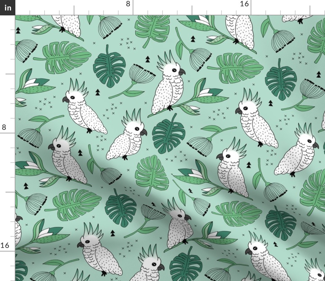 Sweet tropical jungle cockatoo birds illustration summer pattern mint green gender neutral