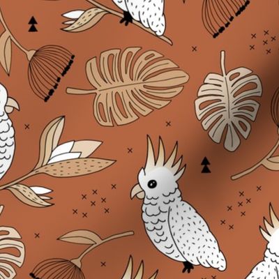 Sweet tropical jungle cockatoo birds illustration summer fall pattern copper boys gender neutral