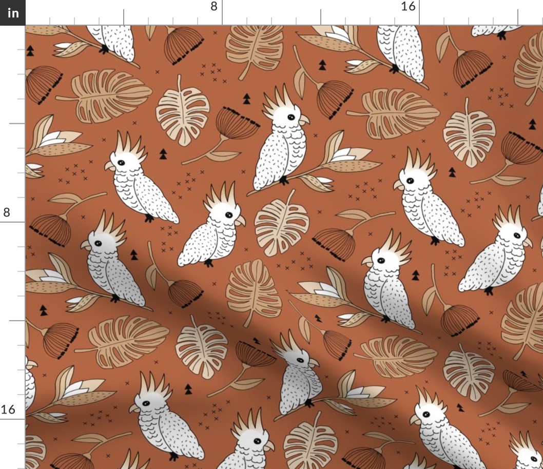 Sweet tropical jungle cockatoo birds illustration summer fall pattern copper boys gender neutral