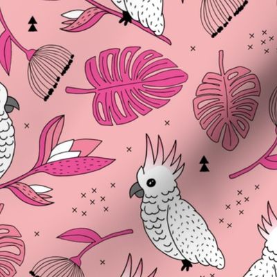 Sweet tropical jungle cockatoo birds illustration summer pattern pink peach