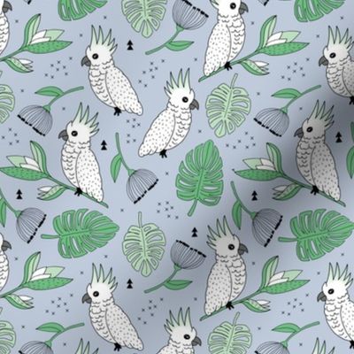 Sweet tropical jungle cockatoo birds illustration summer pattern mint green gray gender neutral MEDIUM