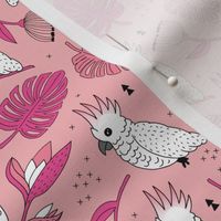 Sweet tropical jungle cockatoo birds illustration summer pattern pink peach MEDIUM