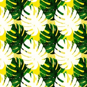 Watercolor dark green and white monstera leaves on yellow background