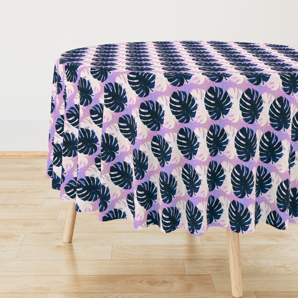 Watercolor  white and navy blue  monstera leaves on lilac background