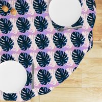 Watercolor  white and navy blue  monstera leaves on lilac background