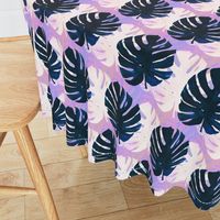 Watercolor  white and navy blue  monstera leaves on lilac background