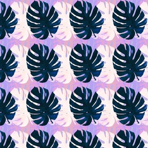 Watercolor  white and navy blue  monstera leaves on lilac background