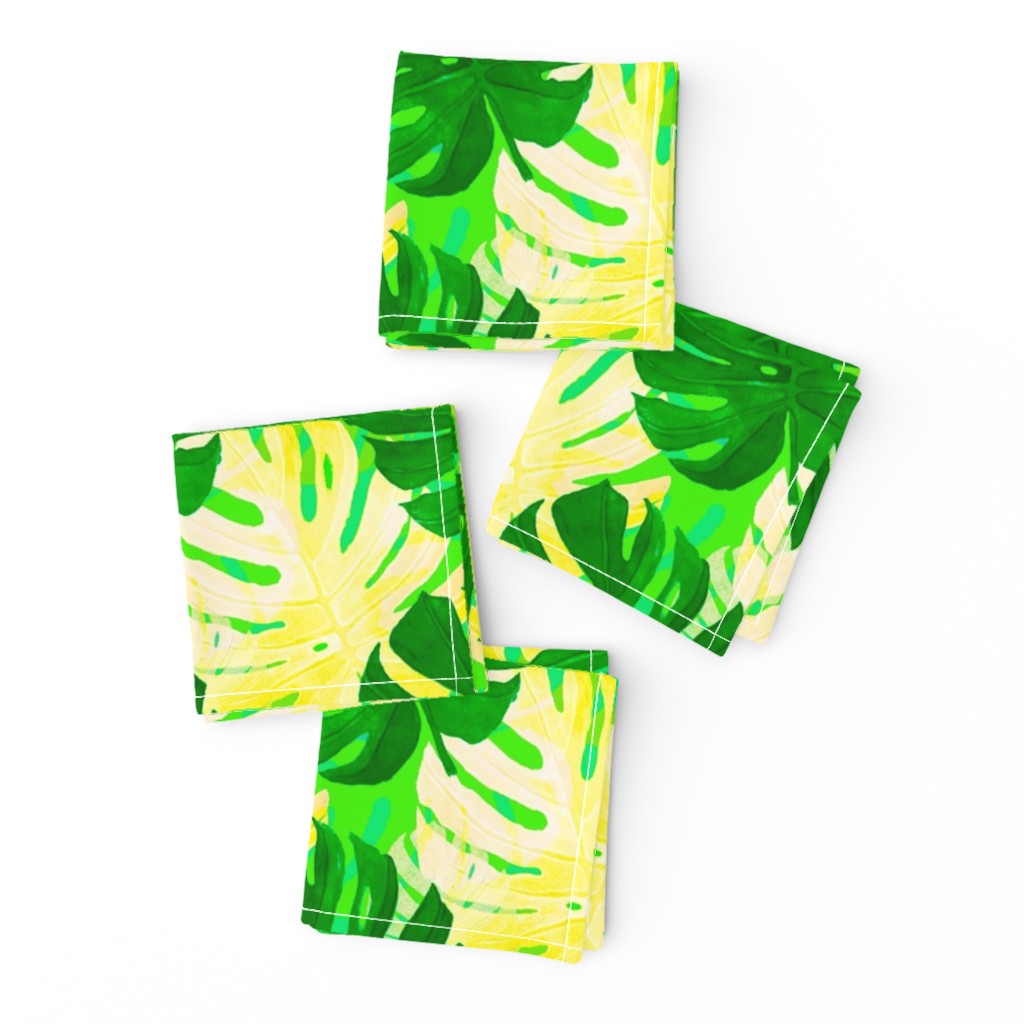 Watercolor green and yellow monstera leaves on light green background