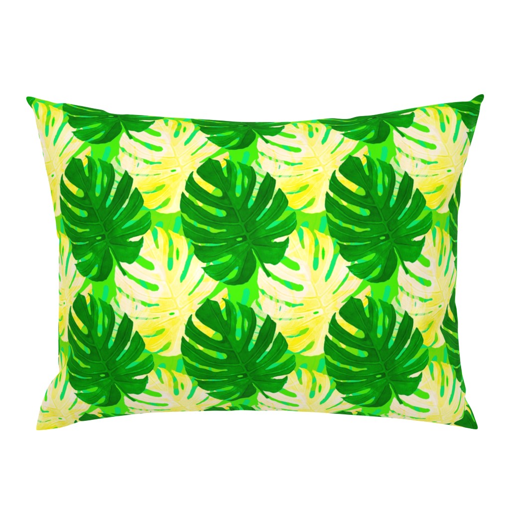 Watercolor green and yellow monstera leaves on light green background