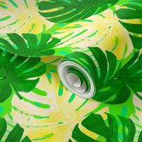 Watercolor green and yellow monstera leaves on light green background