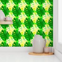 Watercolor green and yellow monstera leaves on light green background