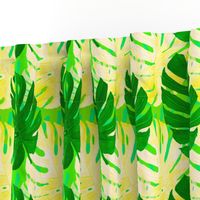 Watercolor green and yellow monstera leaves on light green background