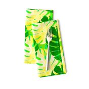 Watercolor green and yellow monstera leaves on light green background