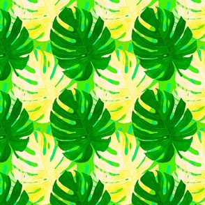 Watercolor green and yellow monstera leaves on light green background