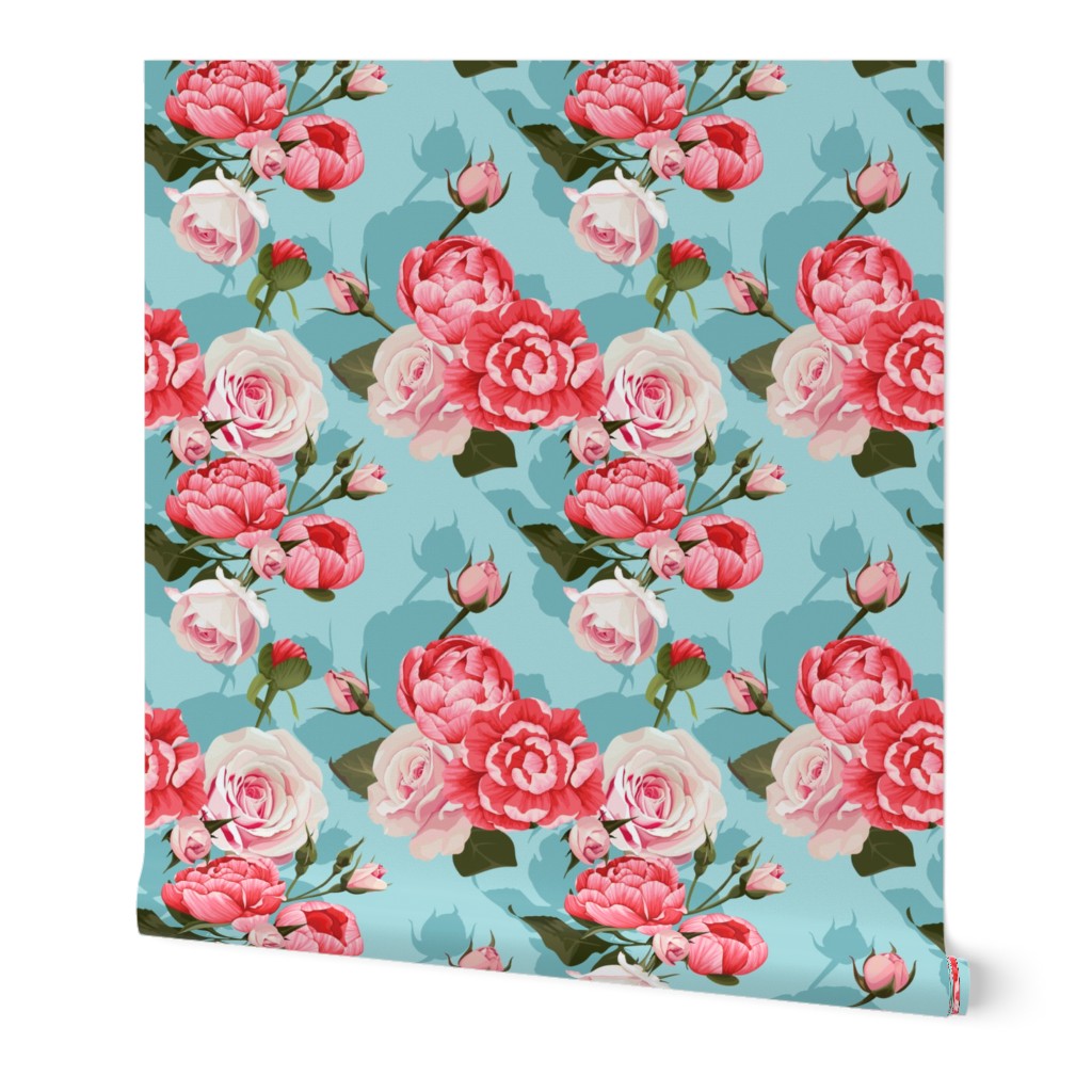 Peony and Roses on blue background Floral seamless pattern of peony and roses flower texture on blue background