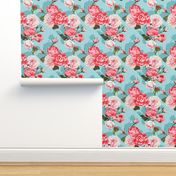 Peony and Roses on blue background Floral seamless pattern of peony and roses flower texture on blue background