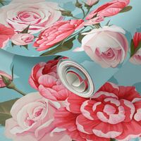 Peony and Roses on blue background Floral seamless pattern of peony and roses flower texture on blue background