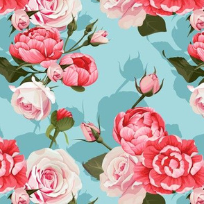 Peony and Roses on blue background Floral seamless pattern of peony and roses flower texture on blue background