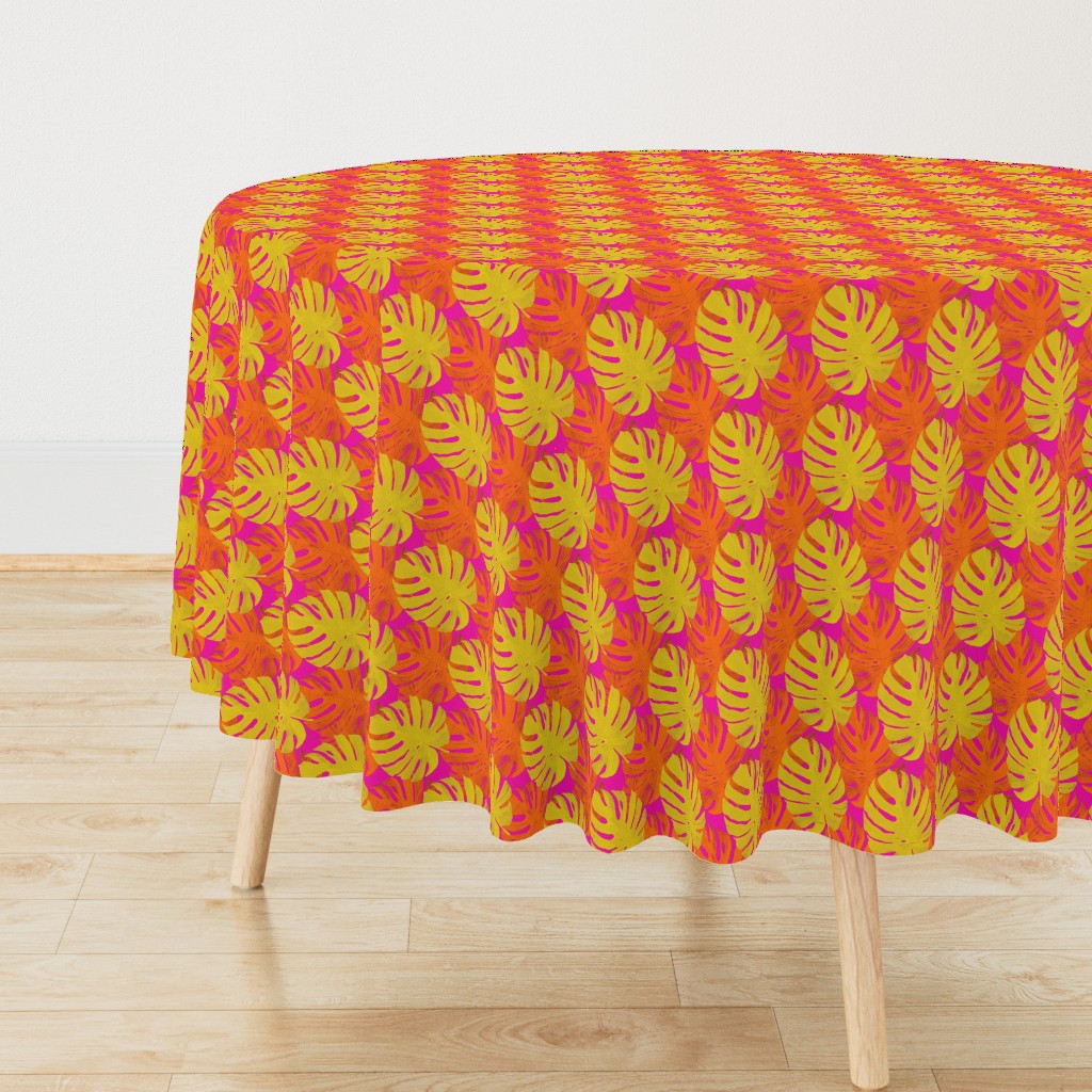 Watercolor yellow and orange monstera leaves on fuchsia background 