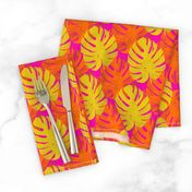 Watercolor yellow and orange monstera leaves on fuchsia background 