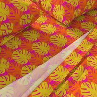 Watercolor yellow and orange monstera leaves on fuchsia background 