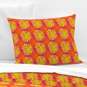 Watercolor yellow and orange monstera leaves on fuchsia background 