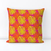 Watercolor yellow and orange monstera leaves on fuchsia background 