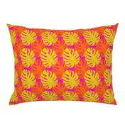 Watercolor yellow and orange monstera leaves on fuchsia background 