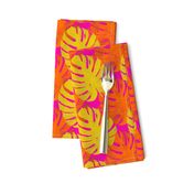 Watercolor yellow and orange monstera leaves on fuchsia background 