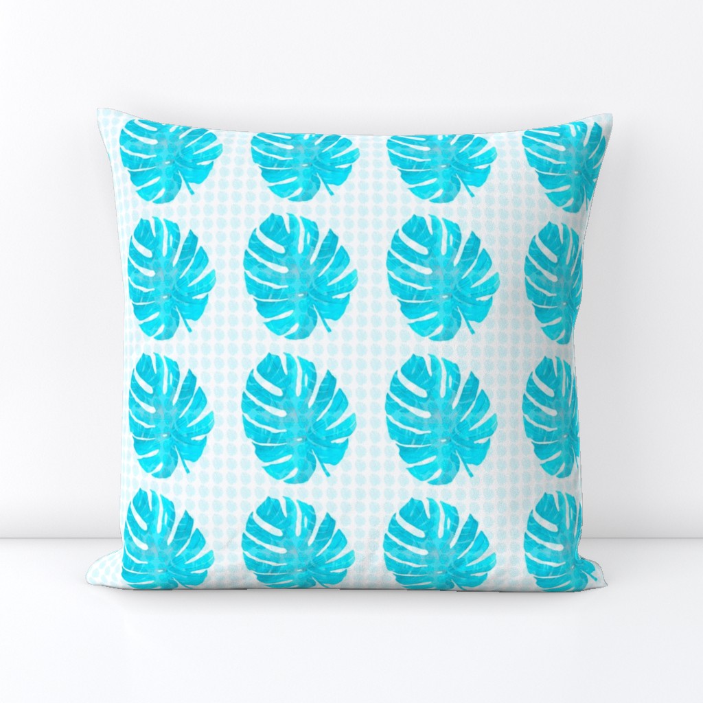 Watercolor monstera turquoise blue leaves on textured background