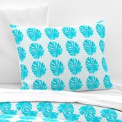 Watercolor monstera turquoise blue leaves on textured background