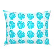 Watercolor monstera turquoise blue leaves on textured background