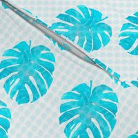 Watercolor monstera turquoise blue leaves on textured background