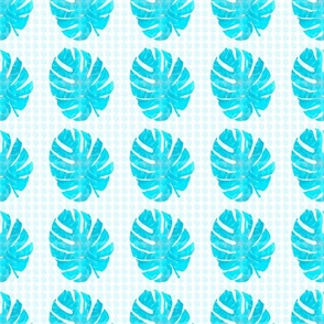 Watercolor monstera turquoise blue leaves on textured background
