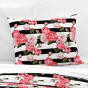 Peony And Roses on a black and white stripes