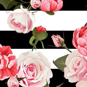 Peony And Roses on a black and white stripes