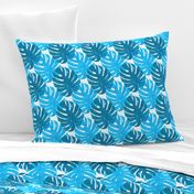 Watercolor blue and turquoise monstera leaves on white background