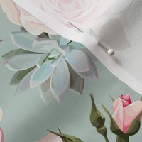 Succulents and roses on a mint background