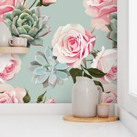 Succulents and roses on a mint background