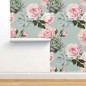 Succulents and roses on a mint background