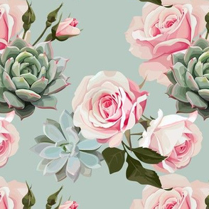 Succulents and roses on a mint background