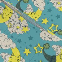 Clouds, stars and crescent  on a green background