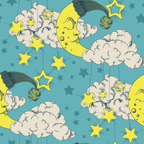 Clouds, stars and crescent  on a green background