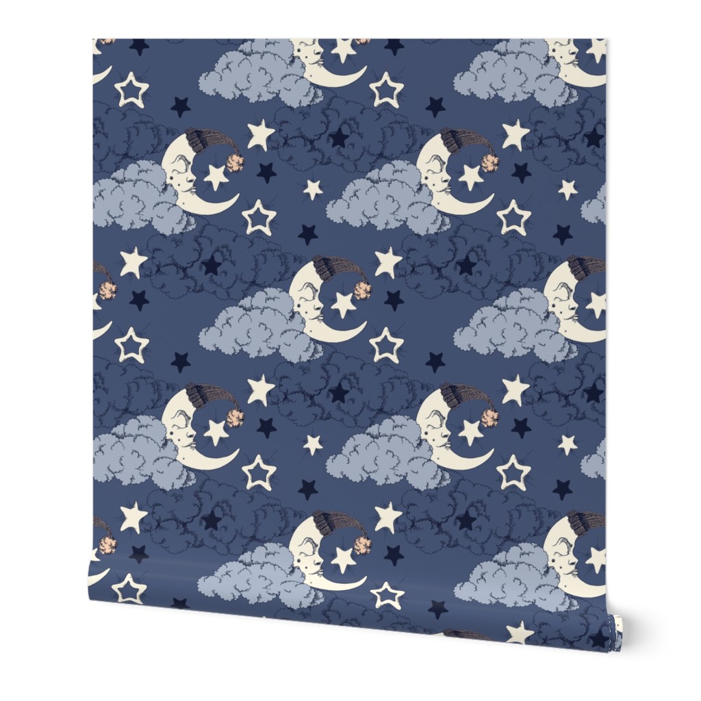Clouds, stars and crescent  on a navy background