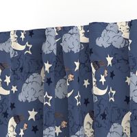 Clouds, stars and crescent  on a navy background