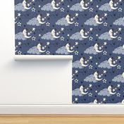 Clouds, stars and crescent  on a navy background