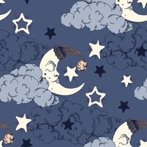 Clouds, stars and crescent  on a navy background