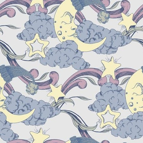 Clouds, stars and crescent pastel colors