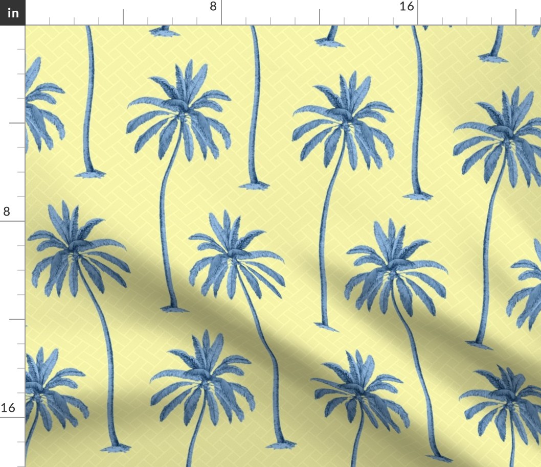 Blue Palm Trees on Yellow Basket Weave